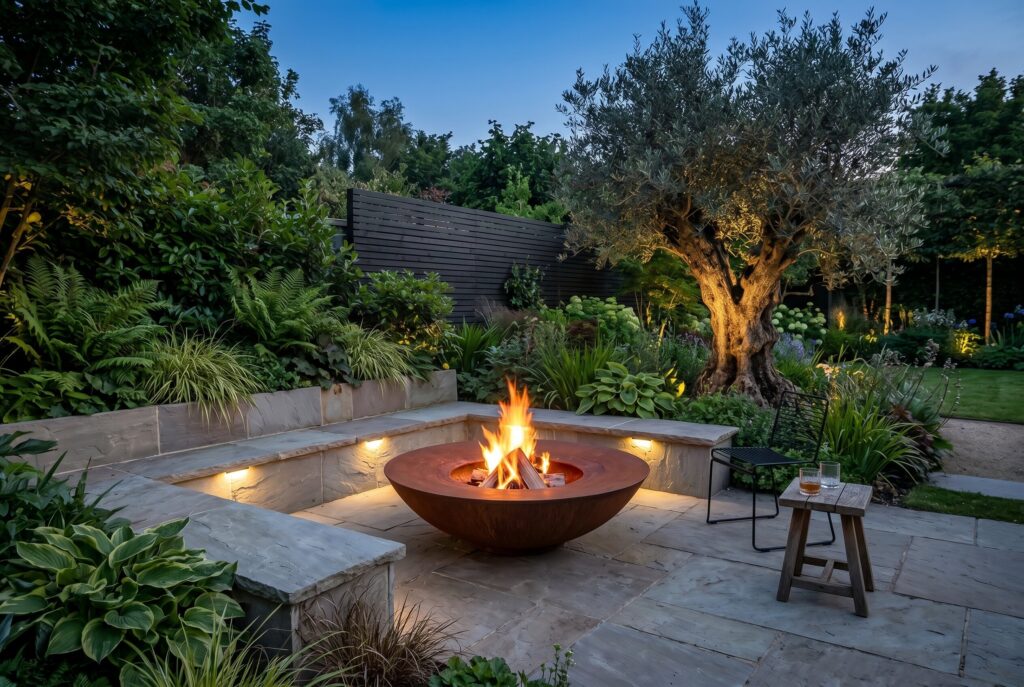 Corten steel fire bowl with built in seating and drought tolerant backyard landscaping.