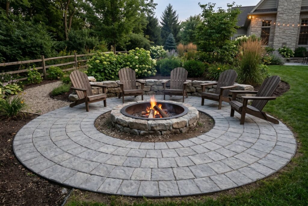 Round in ground fire pit framed by river gray pavers and Adirondack chair seating.