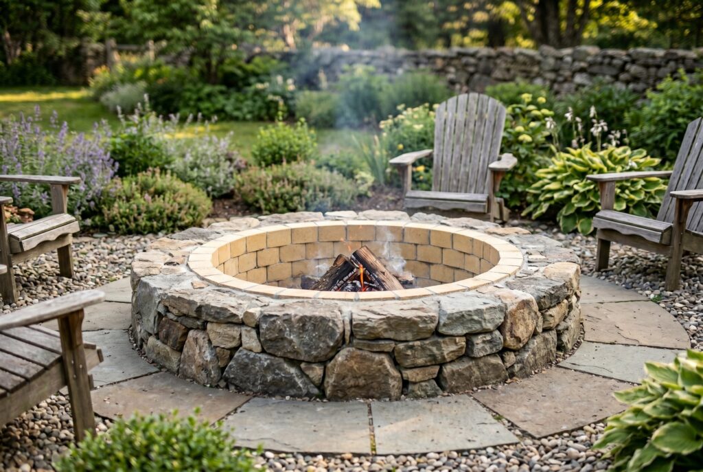 Finished stone fire pit with firebrick liner, gravel patio, and outdoor seating area.