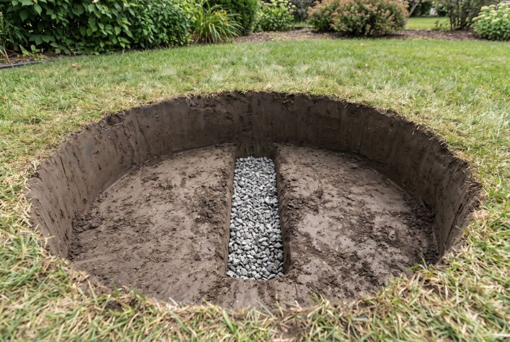 Excavated fire pit with French drain trench and gravel drainage system below grade.
