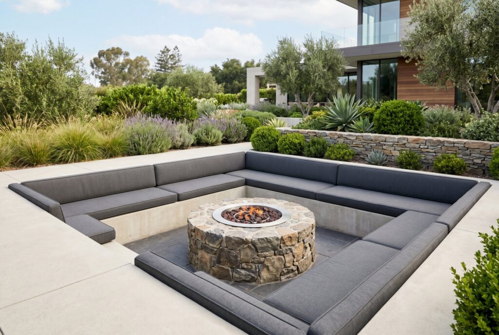 Recessed cushion lounge with sunken fire pit and modern outdoor living design.
