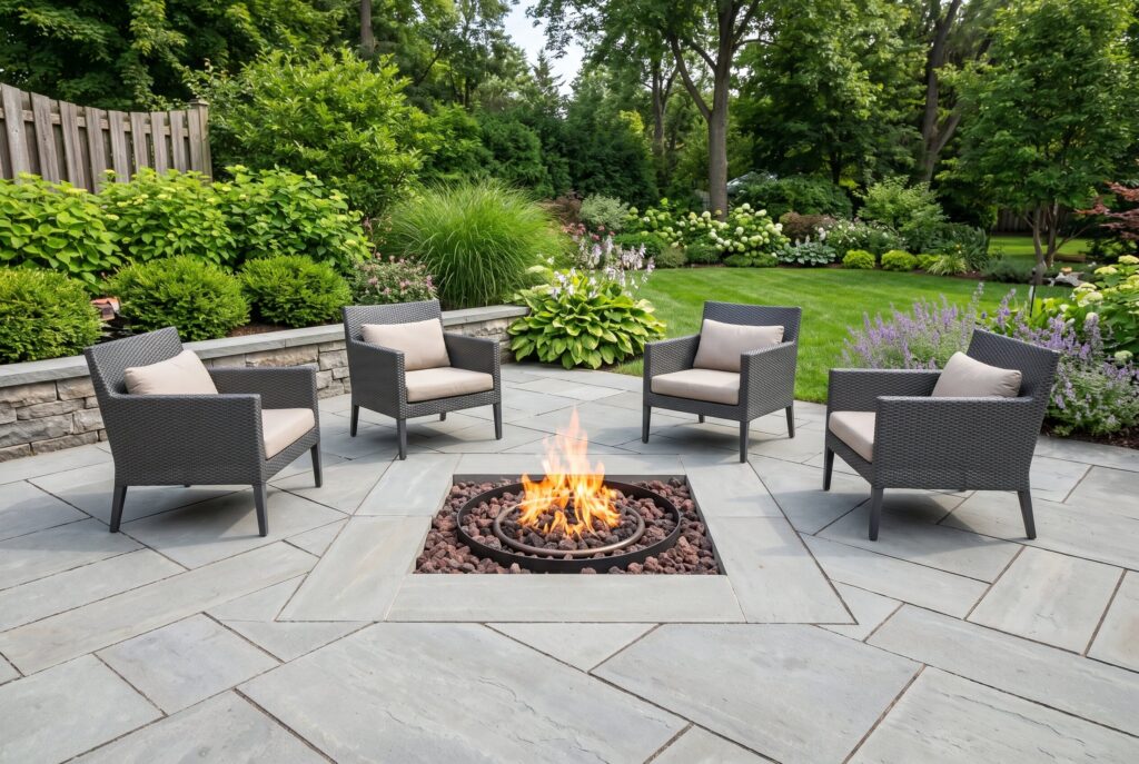 Flush to ground fire pit integrated into patio with minimalist outdoor seating.