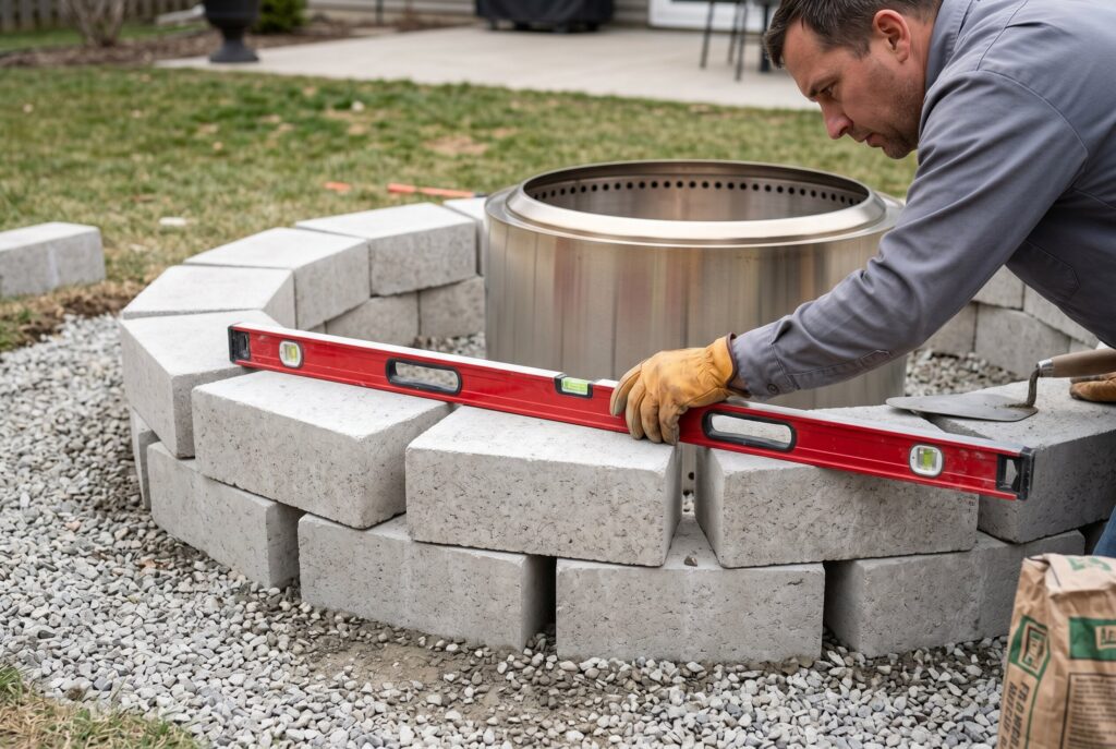 Setting first course of retaining wall blocks around smokeless fire pit insert. 