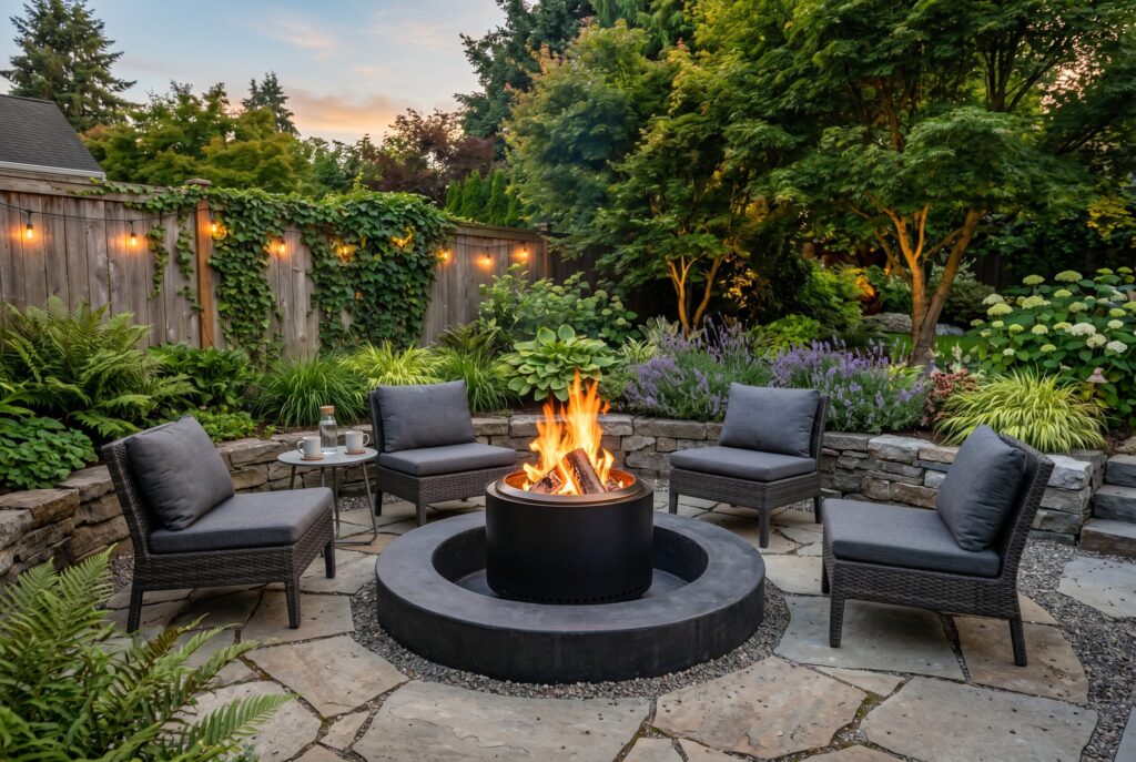 Smokeless fire pit with modern lounge chairs and layered garden border landscaping.