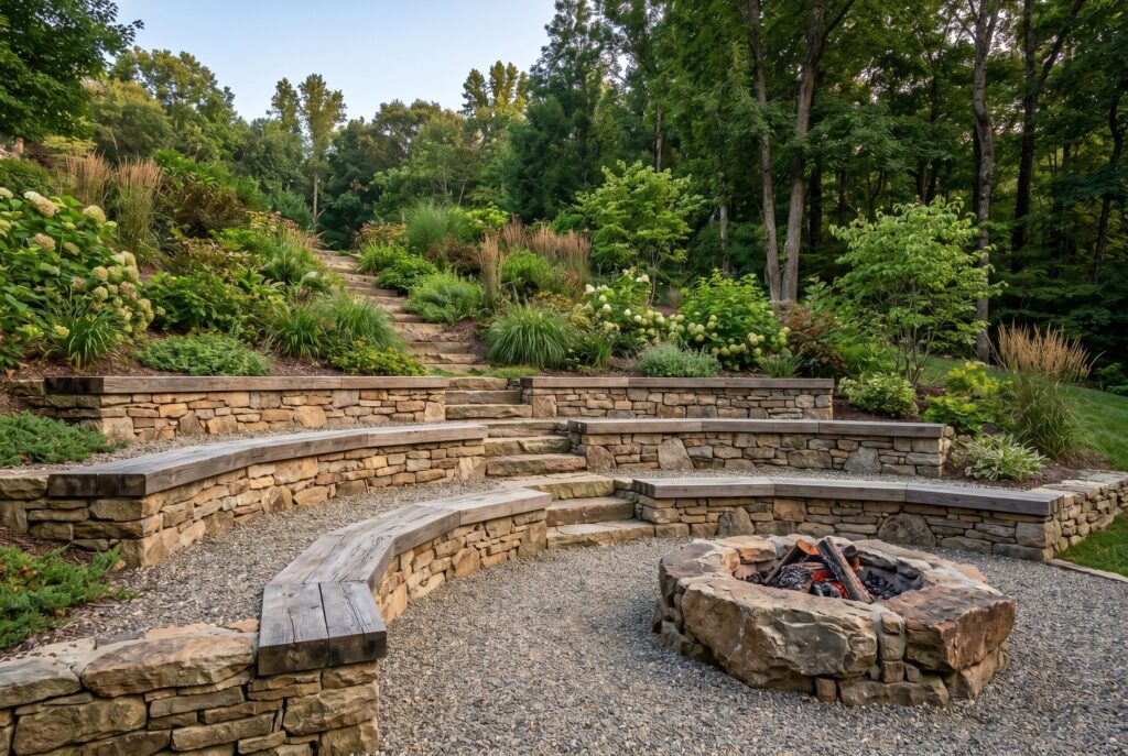 Tiered amphitheater style fire pit seating with curved stone benches on sloped backyard.