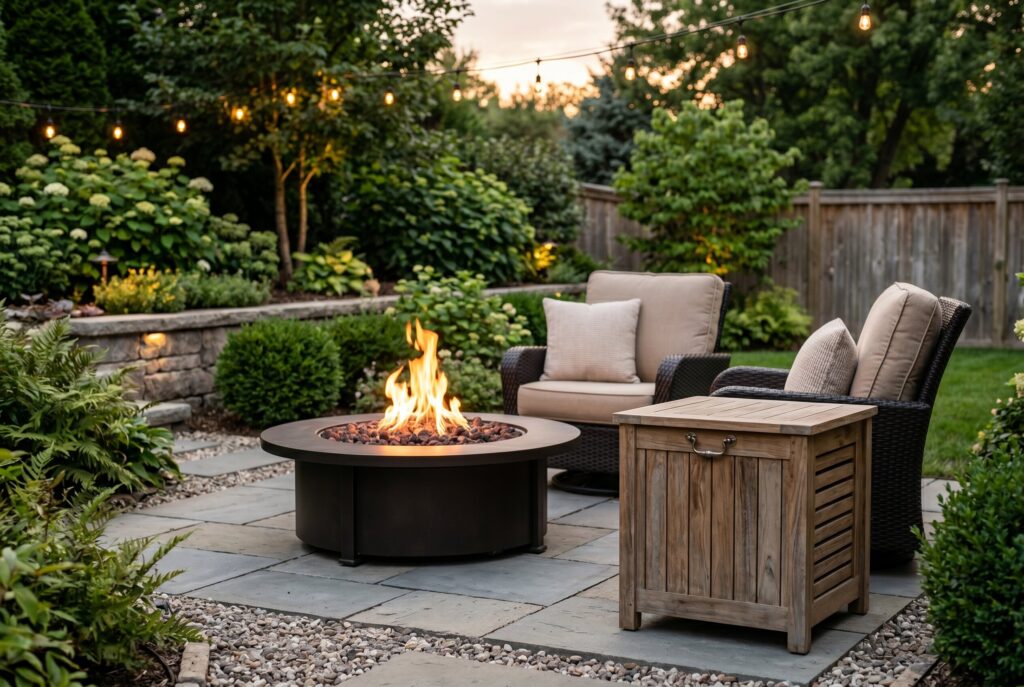 Hidden propane tank fire pit setup with outdoor seating and tidy backyard layout.