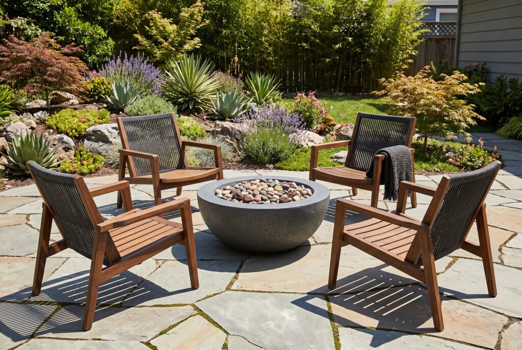 Seamless concrete fire bowl with wood lounge chairs and minimalist backyard patio design.