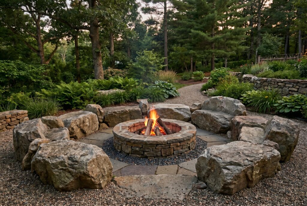 Natural boulder seating ring around rustic stone fire pit in woodland garden.