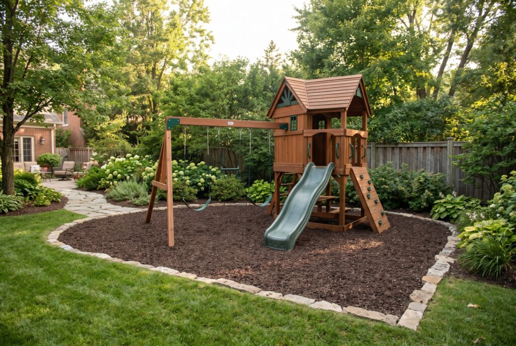 Rubber mulch play zone with swing set and child friendly backyard landscaping.