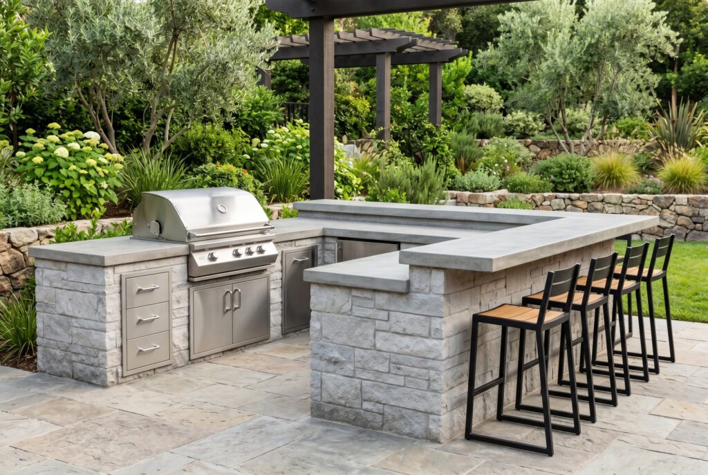 Peninsula bar grill station with raised seating counter and outdoor entertainment layout.