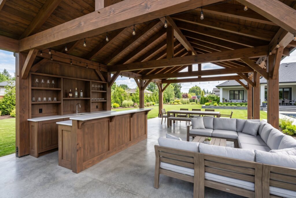 Pavilion entertainment hub with outdoor bar, lounge seating, and exposed timber beams.