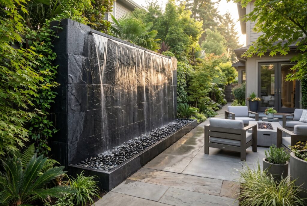 Water wall feature with black stone backdrop and luxury resort style patio.