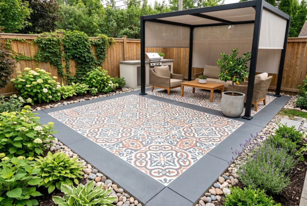 Painted concrete patio with decorative stencil pattern and covered outdoor seating.