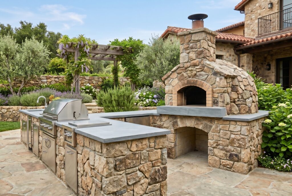 Mediterranean style outdoor kitchen with stone pizza oven and peninsula seating area.