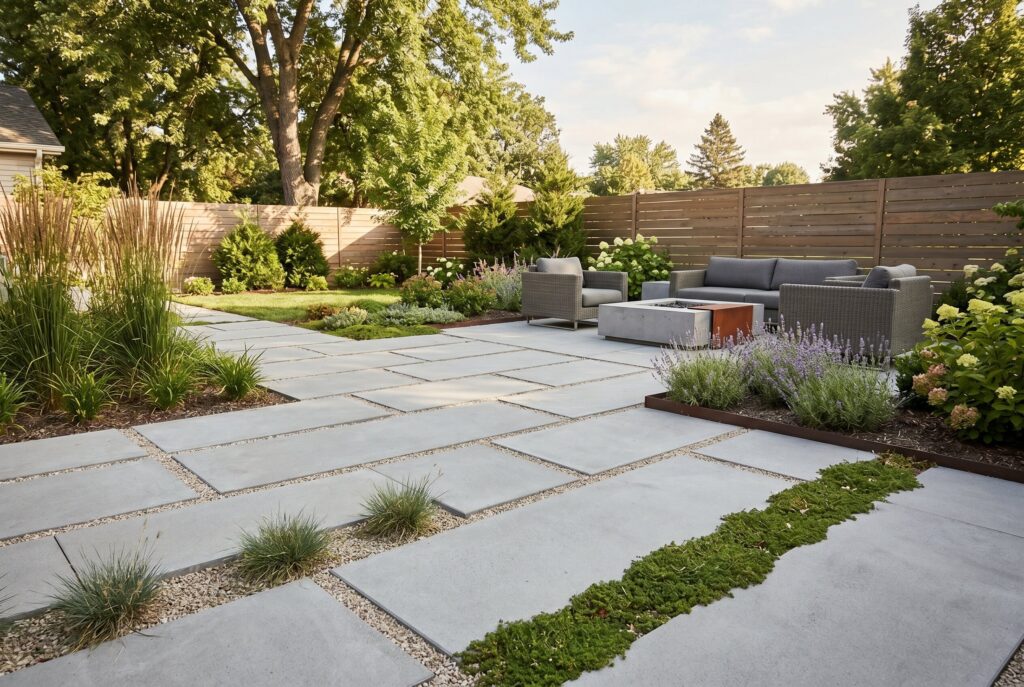 Large format concrete pavers with gravel joints and modern backyard hardscape design.
