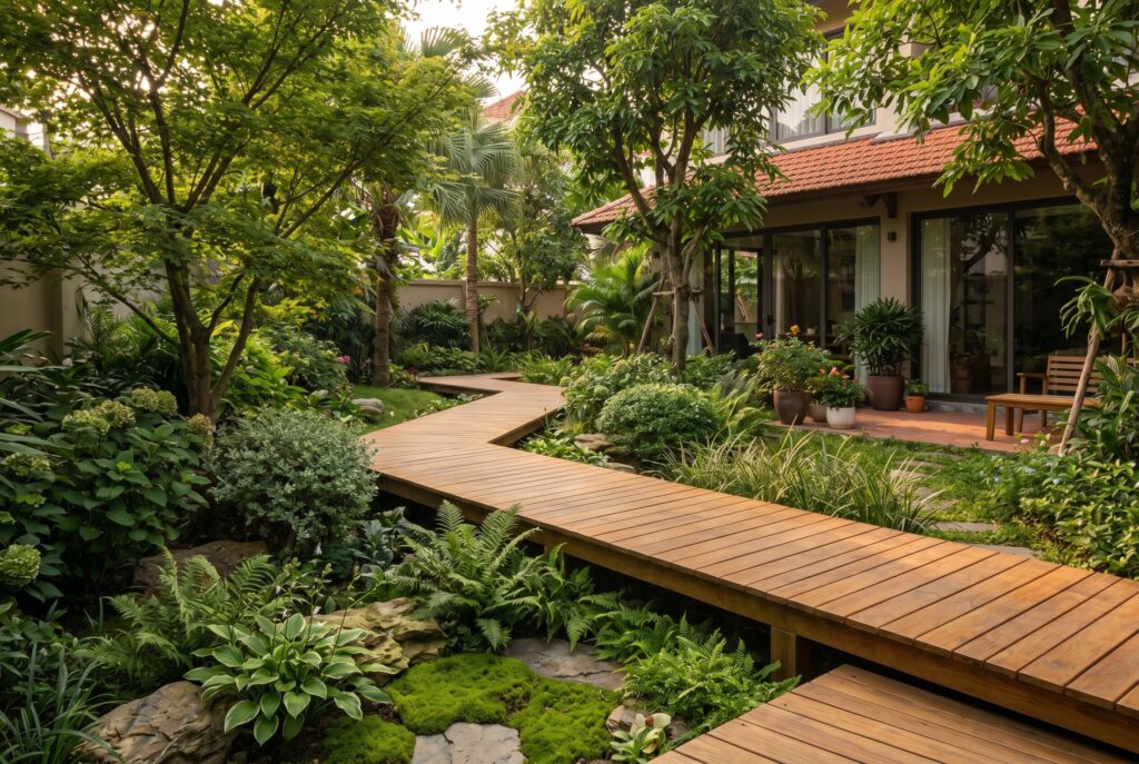 Elevated wooden boardwalk crossing landscaped garden beds in modern backyard.