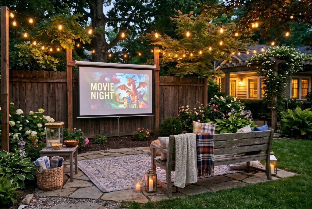 Outdoor movie screen with string lights, benches, and cozy backyard entertainment area.