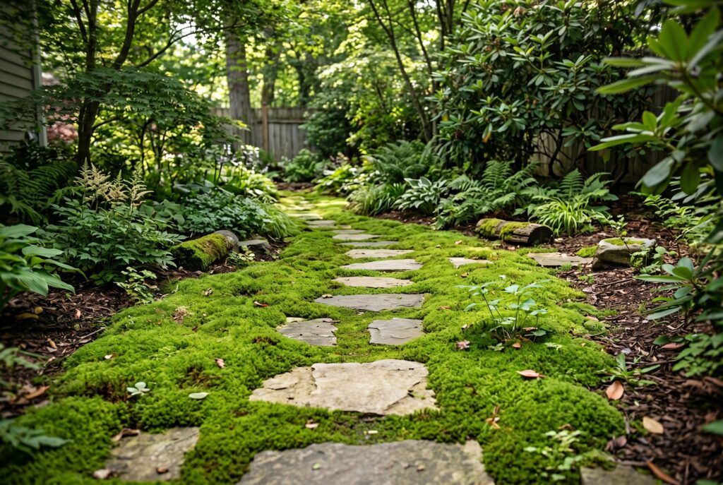 Stepping stones embedded in moss along shaded backyard garden pathway.