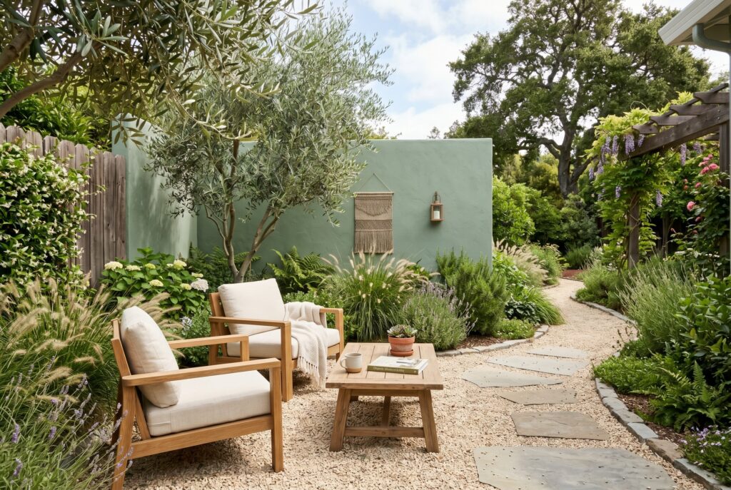 Sage green accent wall with oak furniture and organic modern backyard landscaping.