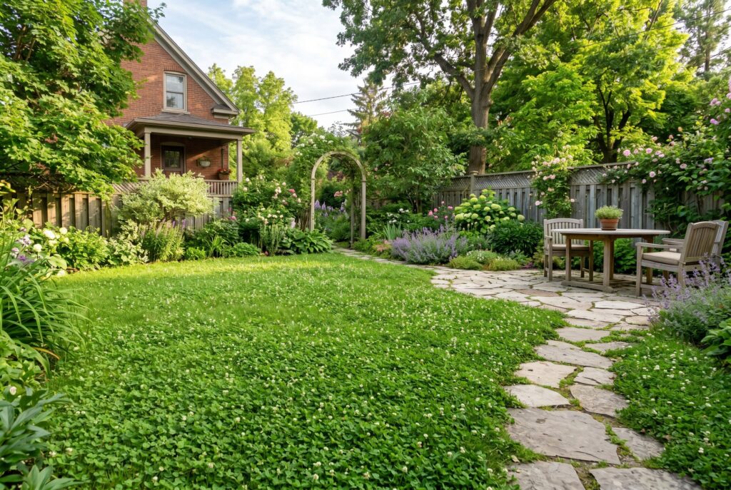 Clover lawn backyard landscaping with stepping stone path and cottage garden design.