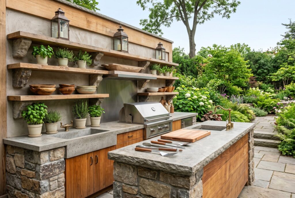 Garden edge outdoor kitchen with open shelving, herb displays, and natural stone finishes.