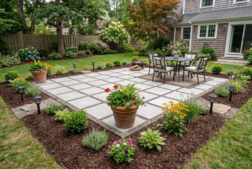 Paver patio framed with mulch borders, flower beds, and solar landscape lighting. 