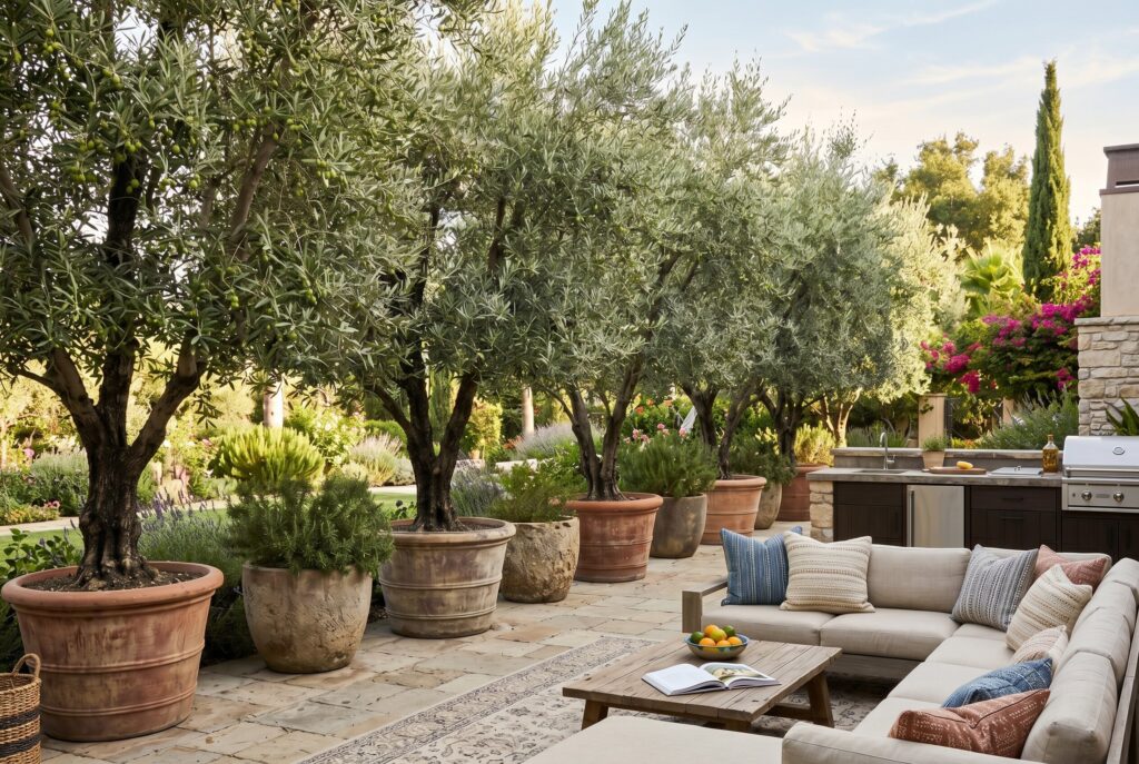 Large potted olive trees providing privacy and Mediterranean style patio borders.