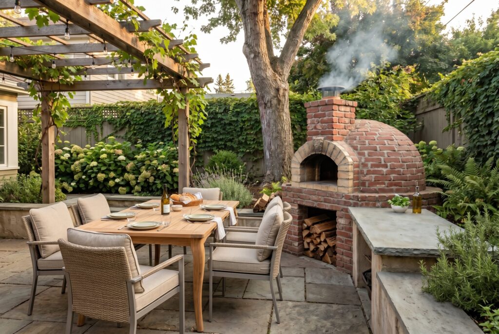 Brick pizza oven patio with outdoor dining table and rustic entertaining space.