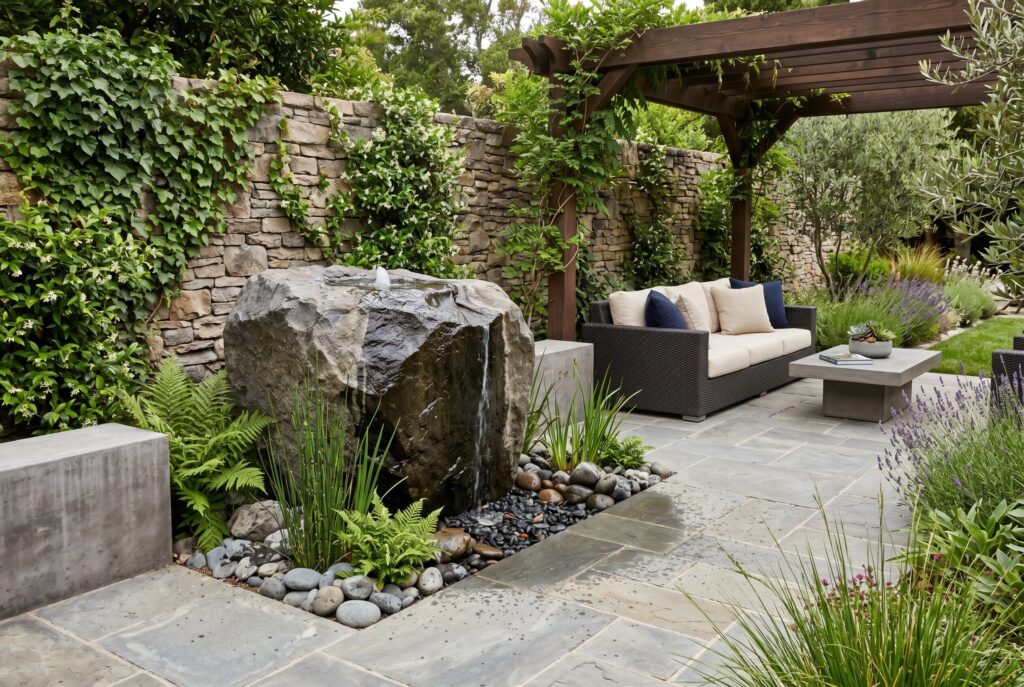 Monolithic stone water feature with gravel surround and contemporary backyard lounge.