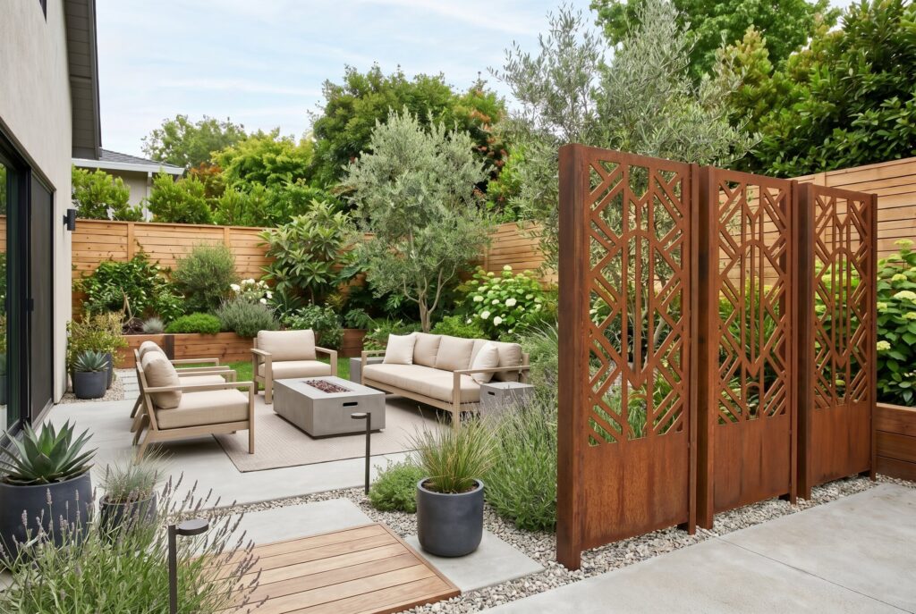 Corten steel privacy screens with modern patio seating and drought tolerant landscaping.