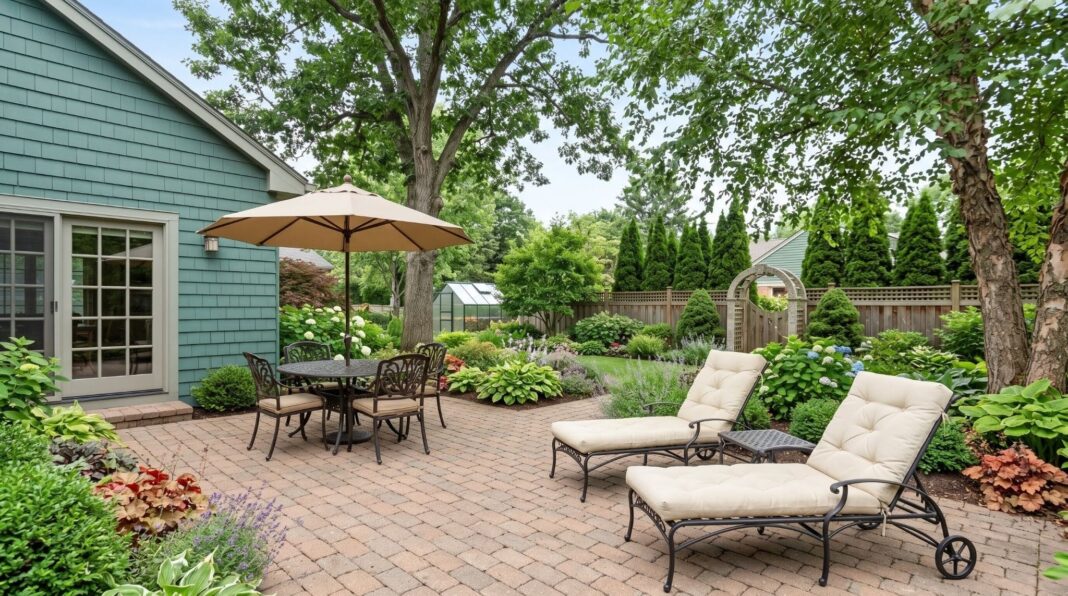 Backyard patio ideas on a budget with dining set, lounge chairs, and landscaped garden borders.