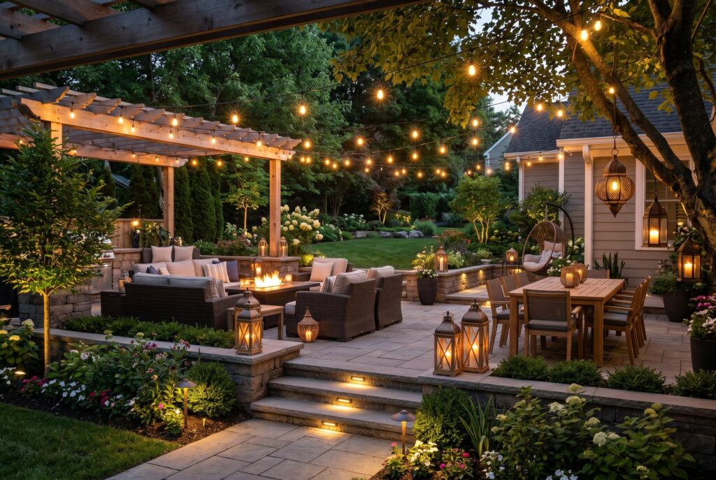 Layered string lighting over patio lounge and dining spaces with warm evening ambiance.