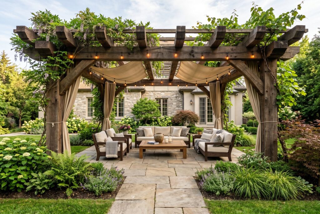 Oversized oak pergola covering patio lounge with climbing vines and outdoor seating.