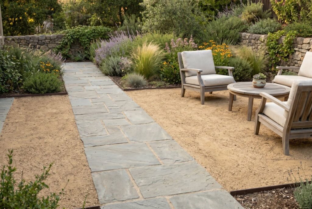 Decomposed granite patio with stone walkway and budget friendly outdoor seating area. 