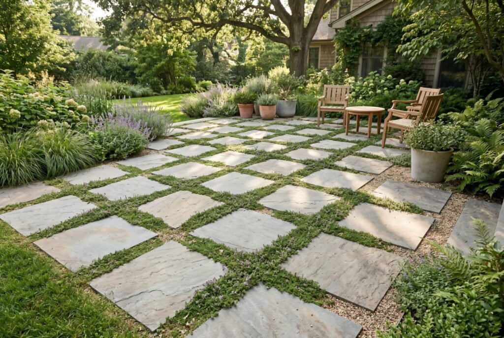 Oversized stepping stone grid patio with grass joints and organic modern backyard design. 