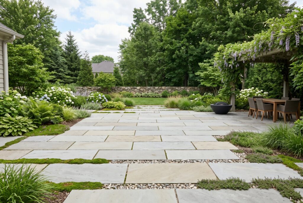 Large format limestone pavers with gravel joints and minimalist backyard patio design.
