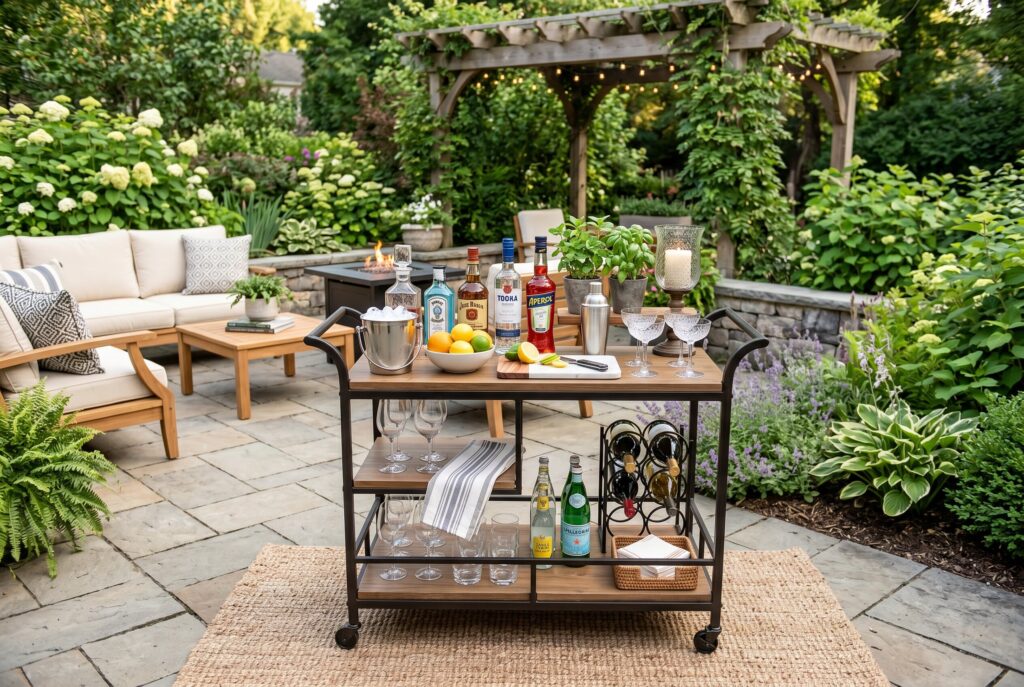 Rolling outdoor bar cart with drinks, glassware, and garden entertaining setup.