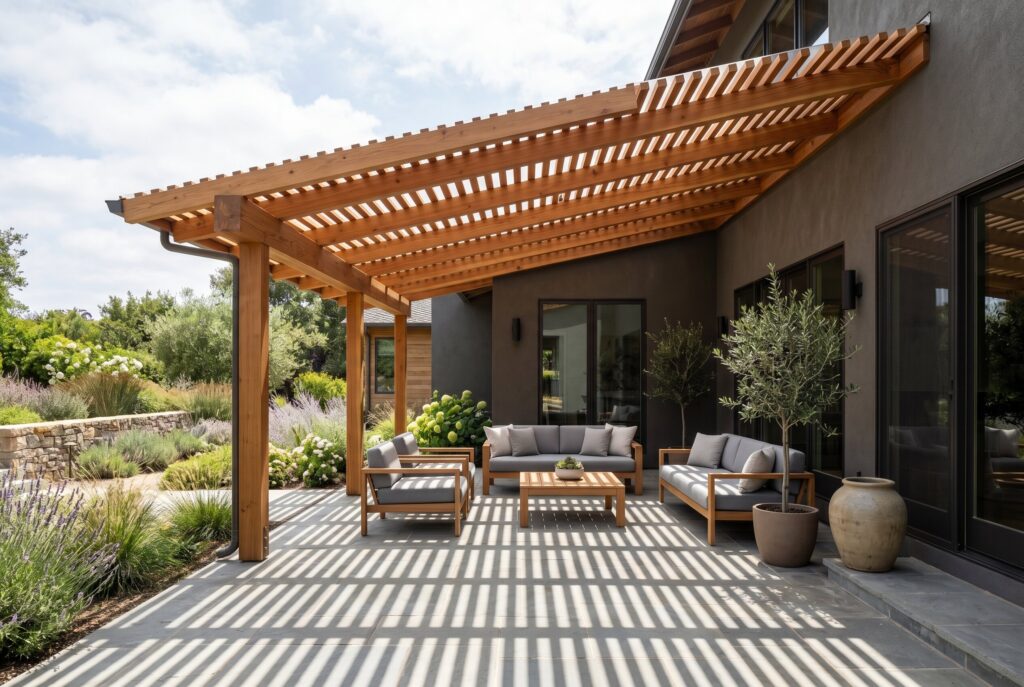 Lean to slatted wood patio cover with outdoor lounge and organic modern backyard design. 