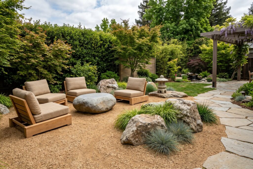 Decomposed granite Zen lounge with boulders, low seating, and natural landscaping.