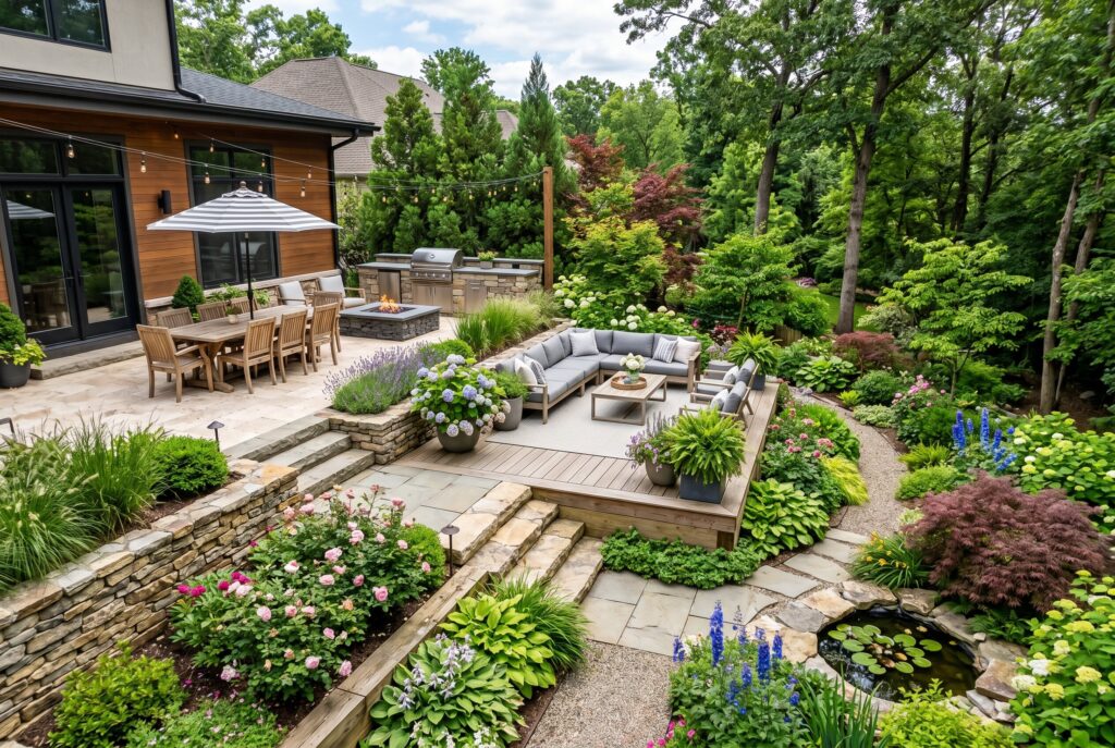 Multi level terraced patio with dining zone, lounge area, and landscaped garden beds.