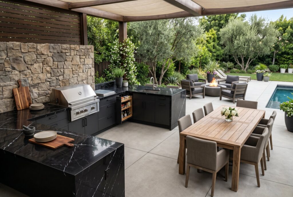 Built in outdoor kitchen with black stone countertops, dining area, and pool views.