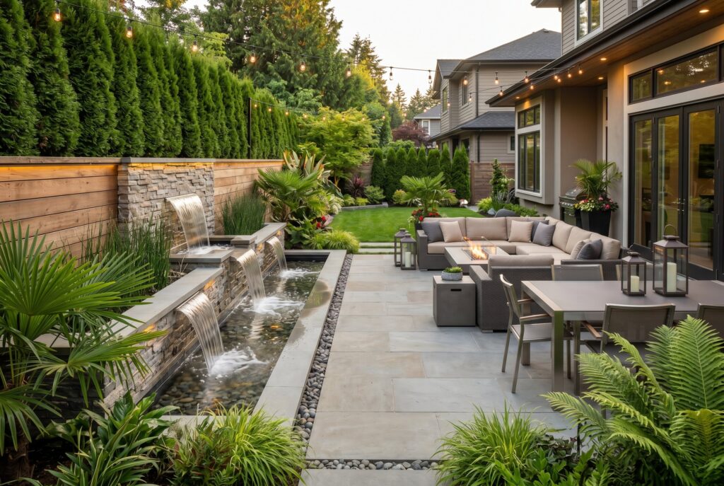 Boundary water fountain with patio lounge and privacy enhancing landscape design.