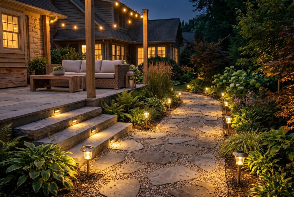 Solar powered pathway lights illuminating backyard patio, steps, and garden paths.