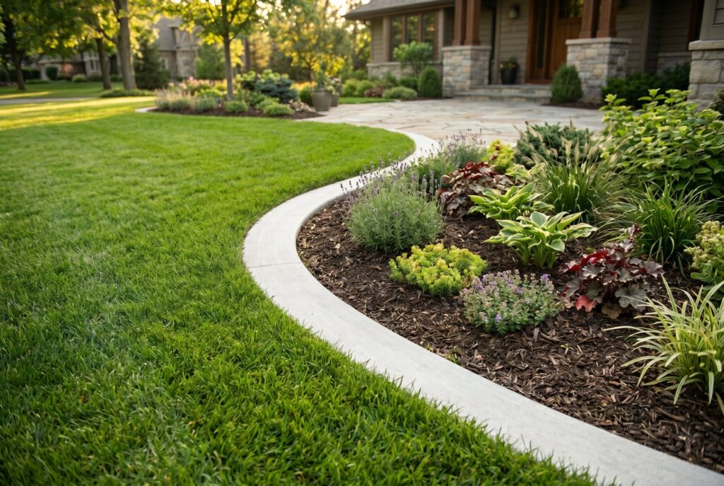 Flush concrete mowing strip separating lawn and garden beds for easy maintenance.