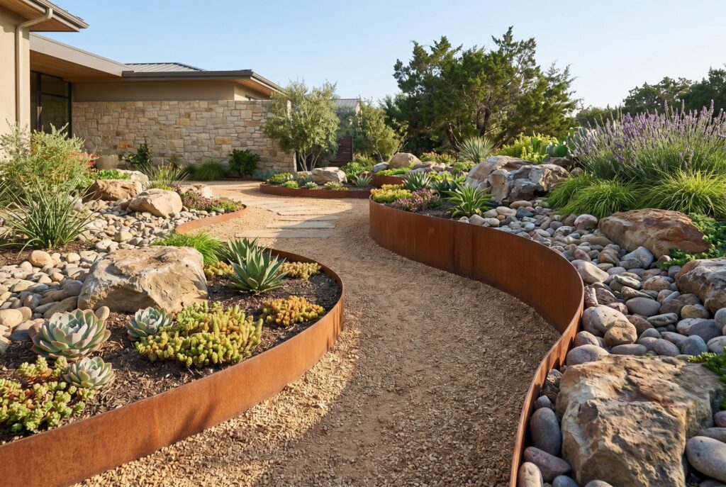 Corten steel landscape edging with gravel pathways and drought tolerant planting beds.