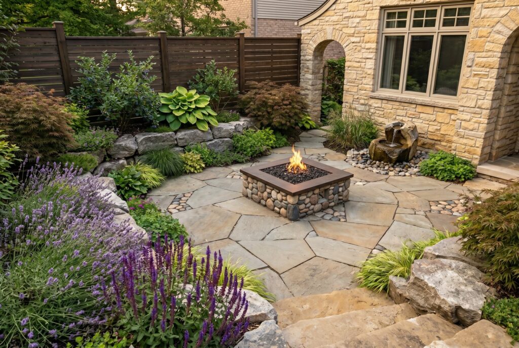 Backyard fire pit landscaping with stone patio, flowering plants, and curved seating layout. 