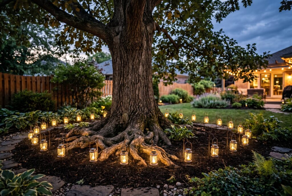 Solar lanterns around tree base illuminating exposed roots and nighttime landscape design. 