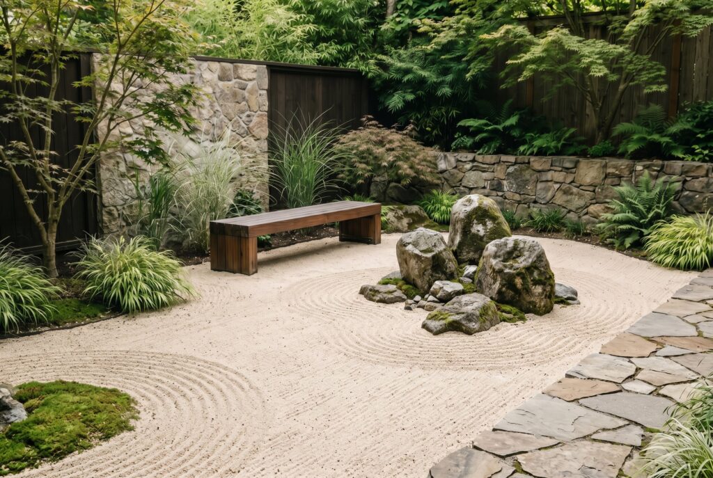 Japandi Zen garden with raked sand, boulders, and minimalist backyard landscaping.