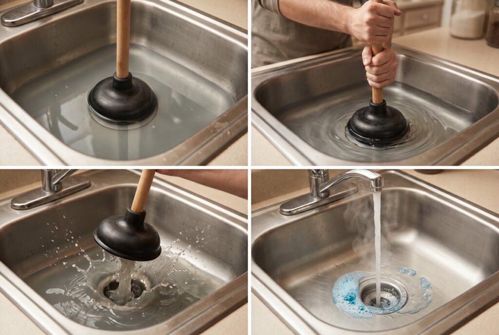 A four-part collage showing a person plunging a stainless steel kitchen sink and running water.