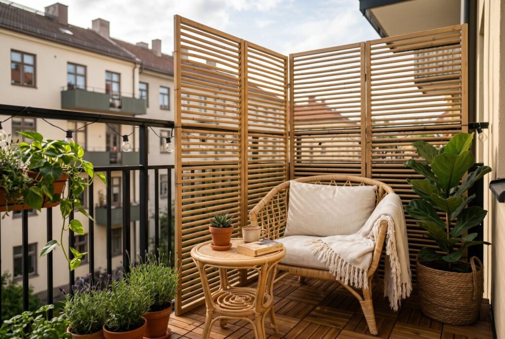 Freestanding bamboo privacy screens with rattan chair on small balcony. 